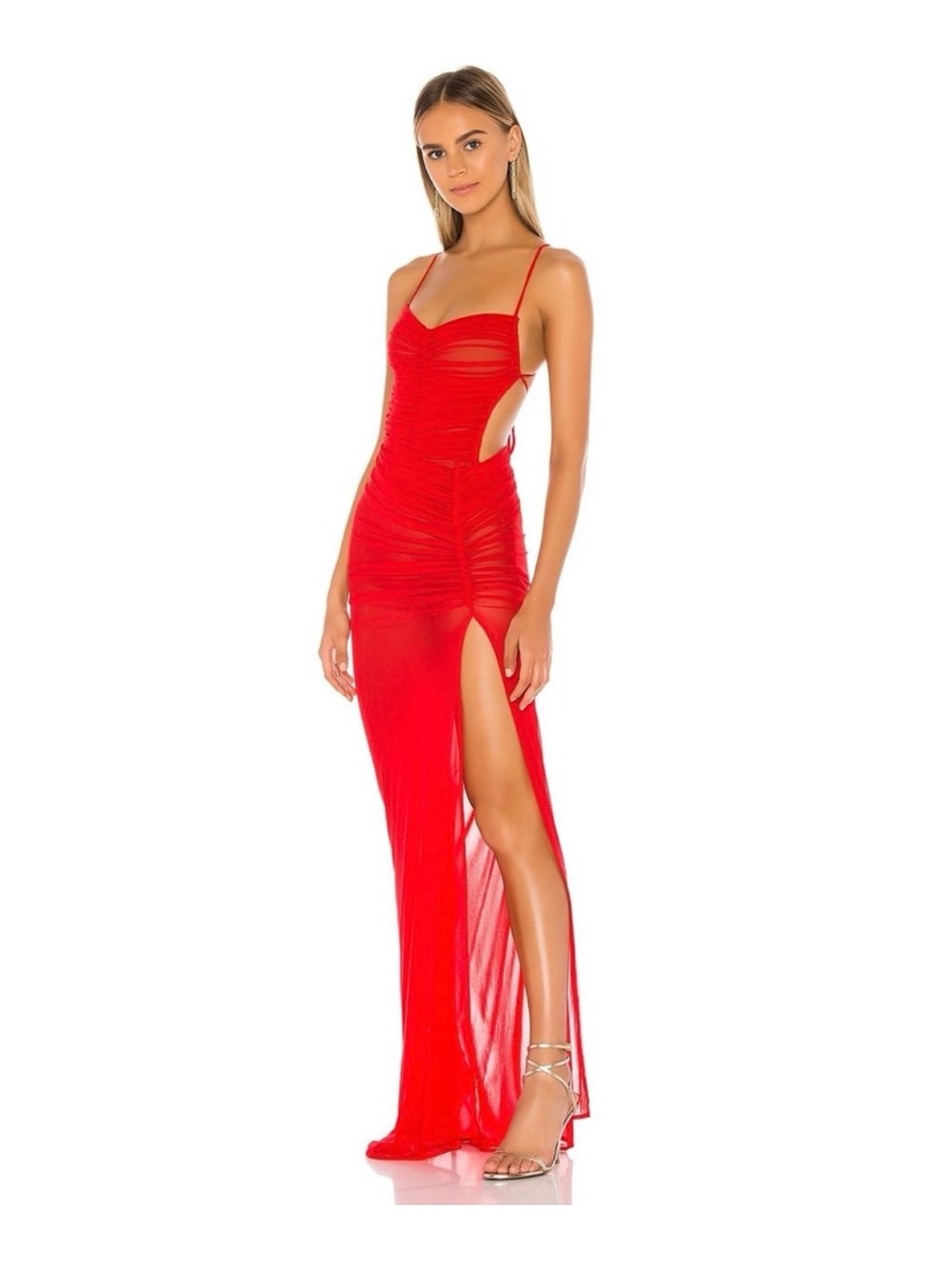 Red Spaghetti-Strap Ruched Maxi Dress with Side Cutout and High Slit